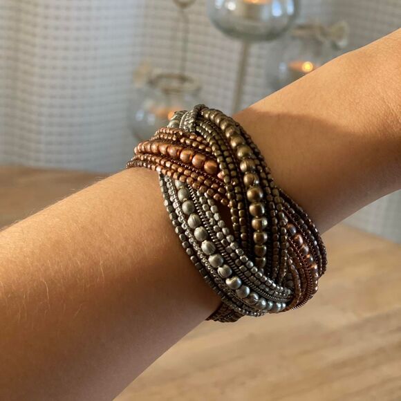 Vintage Boho Bronze Beaded Wrap Cuff Bracelet Multistrand Metal Festival Jewelry - Picture 3 of 8